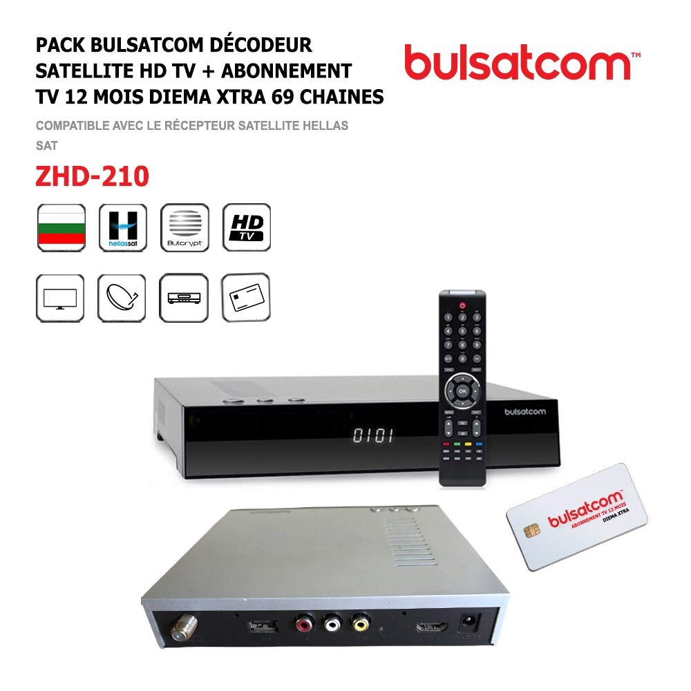 Décodeur Satellite HD TV ZHD-210 Bulsatcom Format Compact avec Abonnement 12 Mois