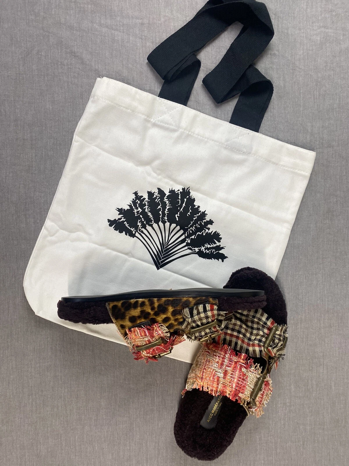 Avec Moderation Faux Leopard Fur Multi Tweed Slipper Sandal w Tote 40 EU 9.5 US