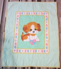 New Handmade Baby / Crib Quilt 34" x 44" Puppy Panel -Green Yellow Checks