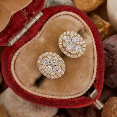 1.5Ct Round Lab Created Diamond Cluster Halo Stud Earring 14k Yellow Gold Plated