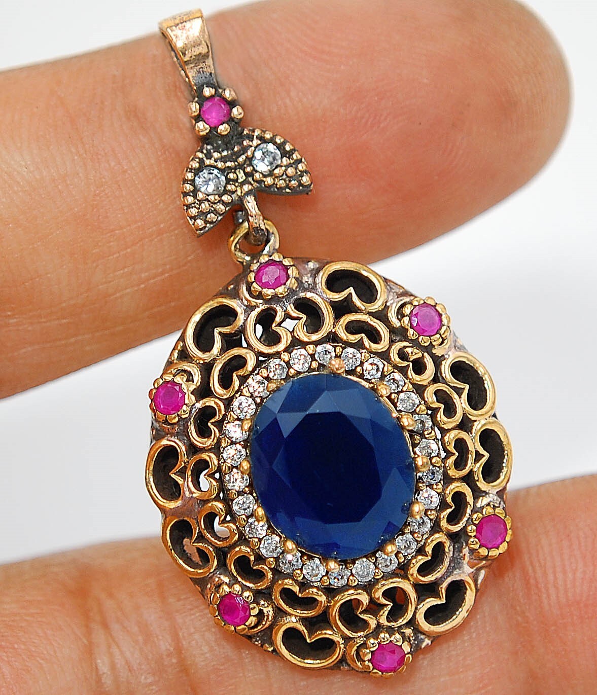 Ottoman Empire Inspired 5CT Blue Sapphire Treated 925 Sterling Silver Pendant BO20 for timeless elegance
