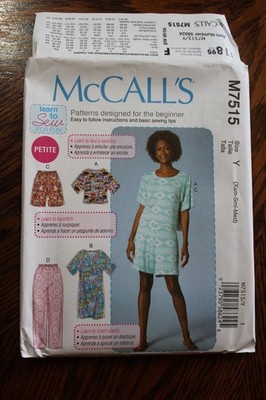 McCall's M7515 Top Dress Short Pants Misses' Size XS-M Learn to Sew UNCUT