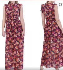 Vince Camuto Maxi Dress Floral Sleeveless Ruffle Burgundy Red Orange Size 4 NWT