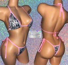 EXOTIC DANCER/ STRIPPER/ RAVE/ WEAR: MONEY PRINT 2 PIECE SET WITH RHINESTONES
