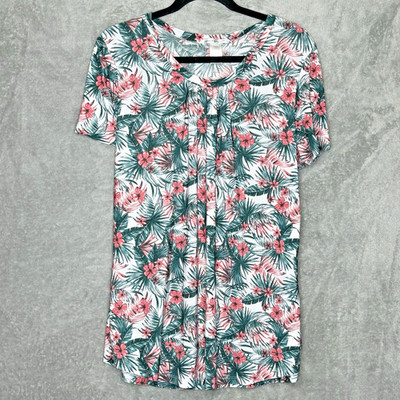 Emily Stacy Top Blouse 3X Green Pink Floral Flower Short Sleeve V Neck Stretch