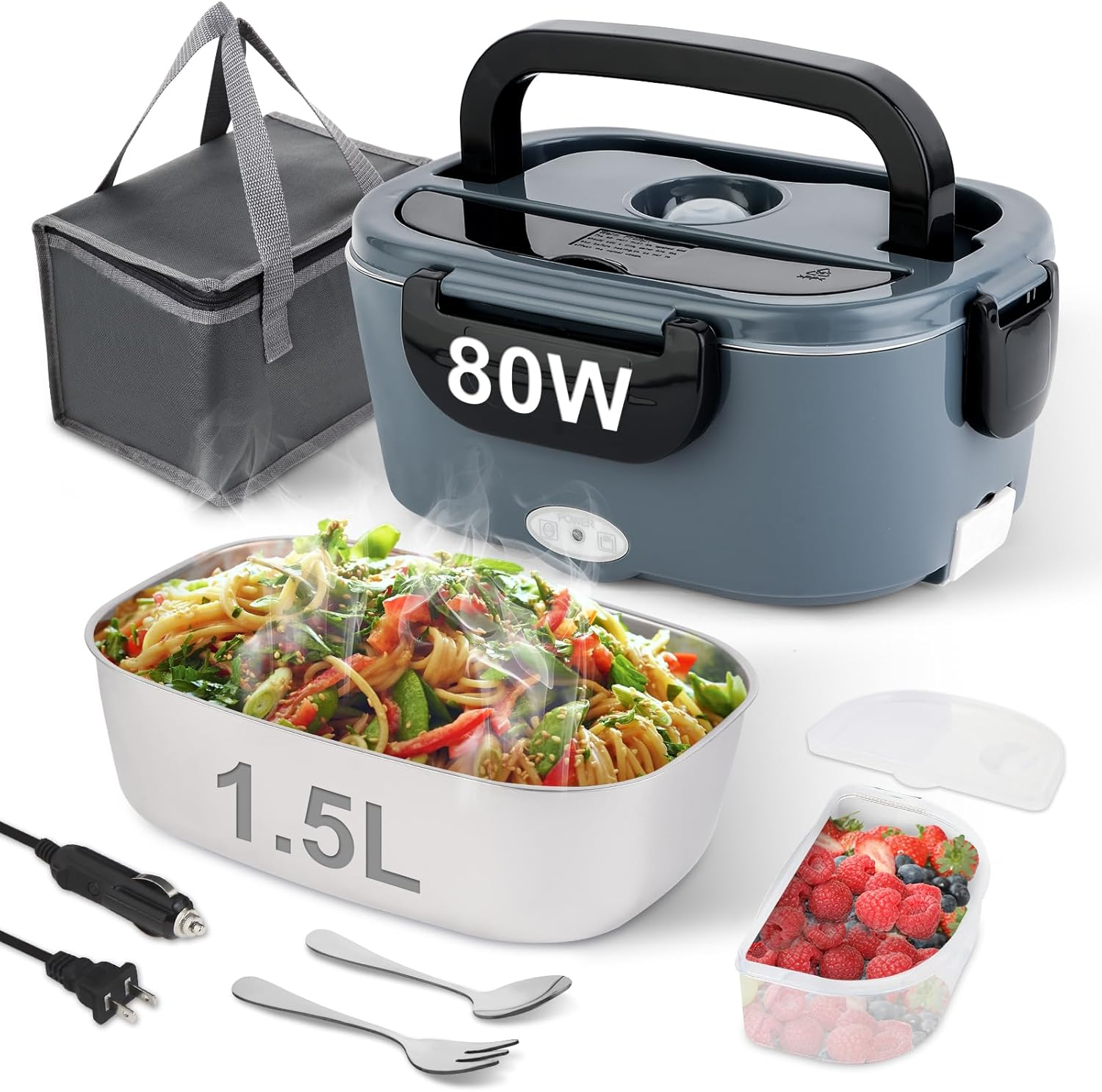80W Electric Lunch Box for Adults with 1.5L Stainless Steel Food Warmer