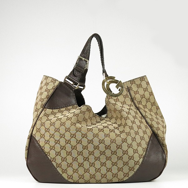 Gucci GG logo brown leather-trimmed fabric tote bag gold accents