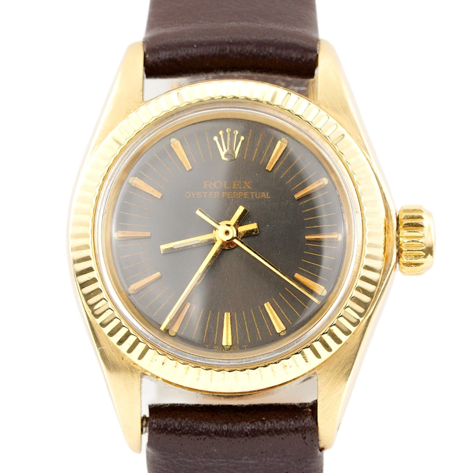 Rolex — Vintage Rolex Oyster Perpetual 6719 Ladies 14K Yellow Gold Watch Brown Leather