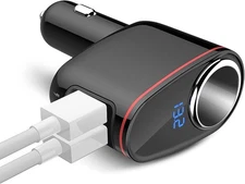 100W Cigarette Lighter Socket Splitter, Car Charger Adapter, Dual USB Black 