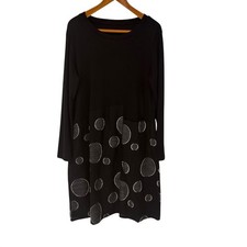 Vestido recto Creation negro algodón lino lunares manga larga Lagenlook LINDIE