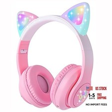 Cat Ear Kids Bluetooth Headphones for Girls Children Teens, LED Light Up Pink
