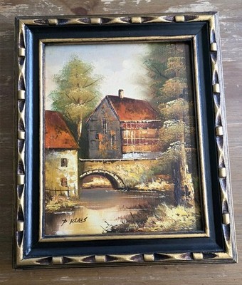 Vintage P Klaus Oil Painting on Board Landscape Scene Fall Bridge River 13x11