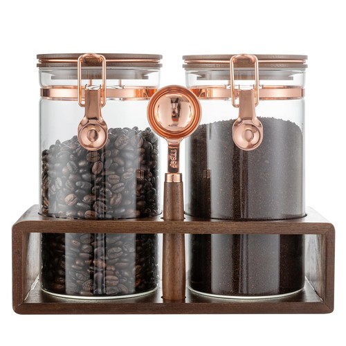Glas Kaffeekanister Set mit Ablage und Löffel, 2er Set Kaffeebehälter Fo...