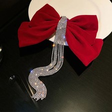 Bridal Red Bow Hair Claws for Women Engagement Rhinestone Tassels Hairpin Weddin
