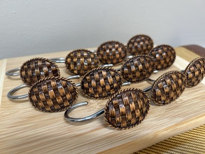 Oval Basket Weave Shower Curtain Hooks Set Of 12 Brown Rustic Cottagecore Vtg