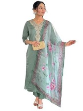 Pakistani Style Women's Rayon Embroidered Straight Kurta with Pant and Dupatta