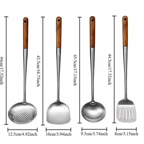 Set Utensili Cucina Acciaio Inox Manico Lungo Wok Spatola Mestolo Utensili Cucina Eq - Foto 6 di 11