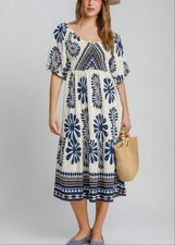 Border Print Tiered Midi Dress with Smocking in Back