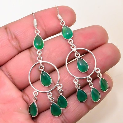 Emerald (Simulated) Gemstone 925 Silver Handmade Chandelier Earring 2.73'' E20