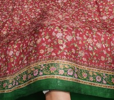Sushila Vintage Maroon Saree Green Pallu Border Pure Silk Print Floral 6YD Sari