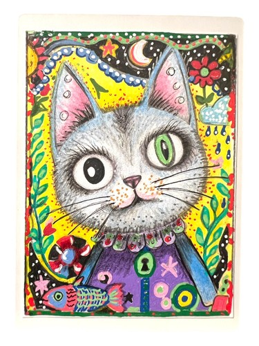 ACEO Original Painting Crazy Folk Cat Kitten Abstract 2 OOAKCard  By JL Canaday