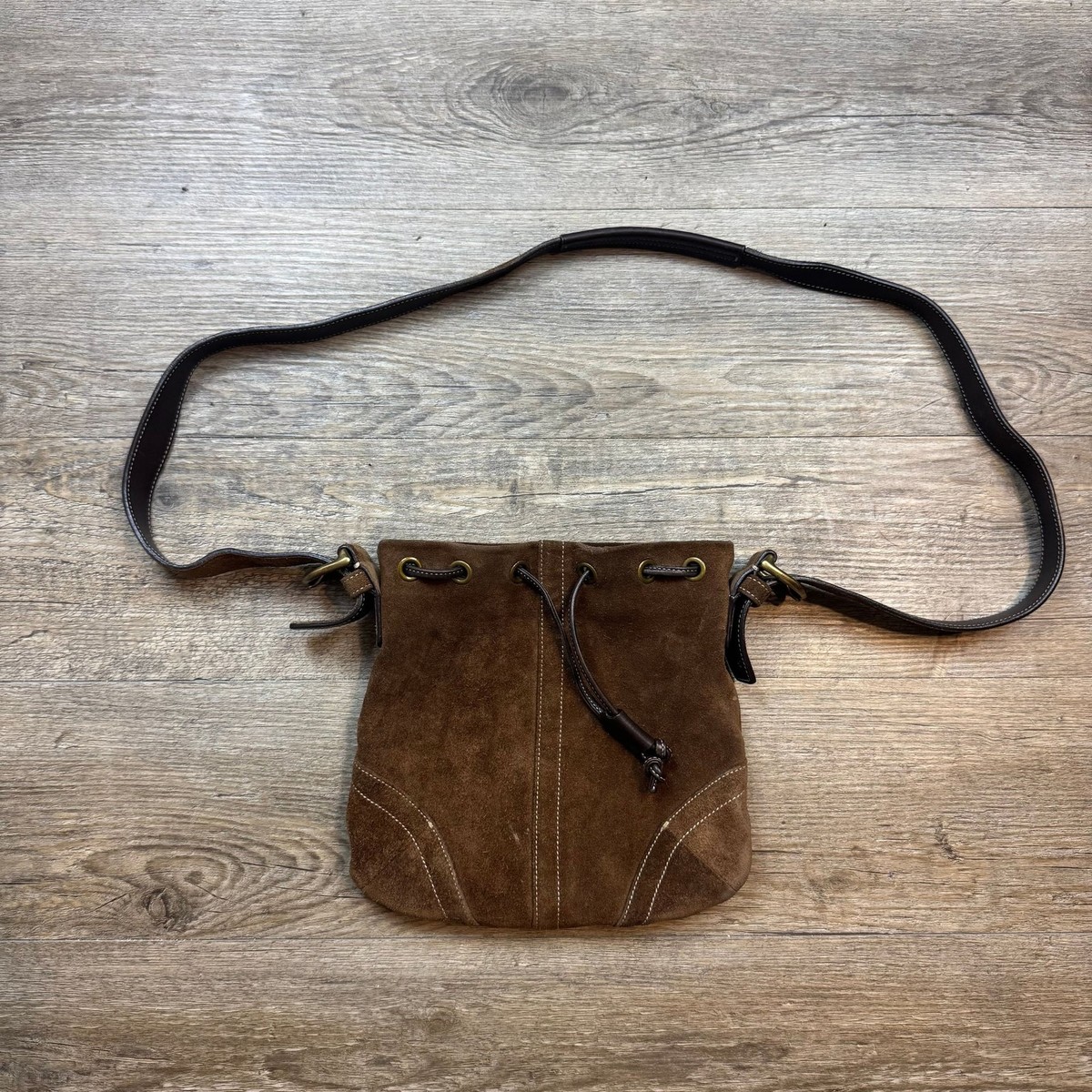 Vintage Coach Brown Suede Drawstring Shoulder Crossbody Bag | eBay