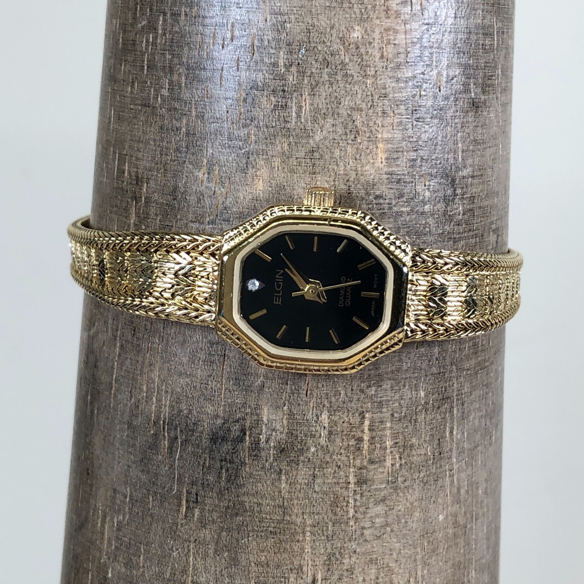 ELGIN 時計　ダイヤ Vintage Women's Ek760-017 Elgin Diamond Quartz Black Dial Oval