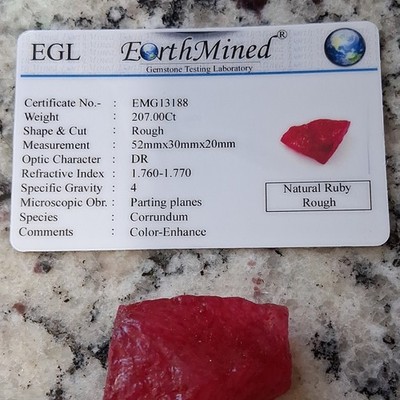EarthMined Natural Ruby Rough Color Enhanced EGL Cert 207ct 52x30x20 EMG13188