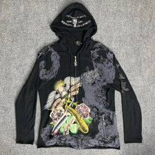 VTG Christian Audigier Hoodie Jacket Large Black Rhinestone Roses Heart Full zip