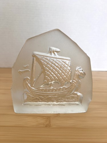Vintage Crystal Viking Ship Art Glass Block Sculpture Kullaglas Sweden Heavy 5”