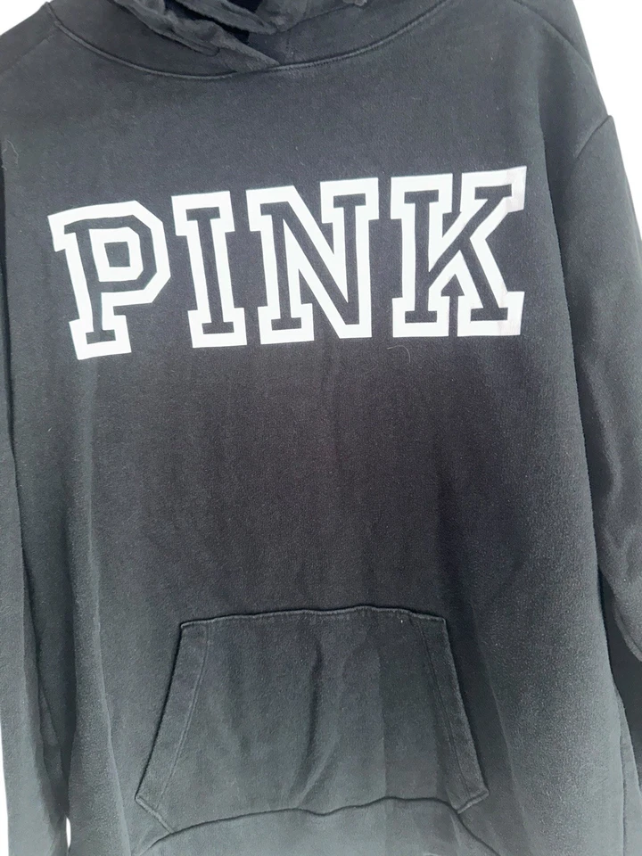 Женский пуловер толстовка с капюшоном Victorias Secret РОЗОВЫЙ размер M черно-белый логотип - Изображение 2 из 4