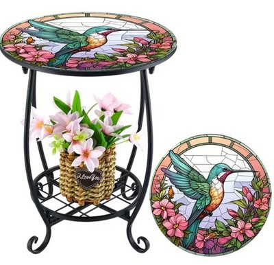 Outdoor Side Table Mosaic Hummingbird Design Metal Decorative Table Deck Porch
