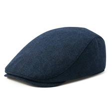 Men Wool Blend Flat Cap Tweed Newsboy Ivy Hat Herringbone Navy 