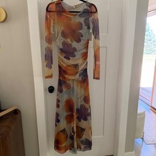 Free People Sunnei Mesh Maxi Dress Sunrise Combo Floral Ruched XS Boho Resort