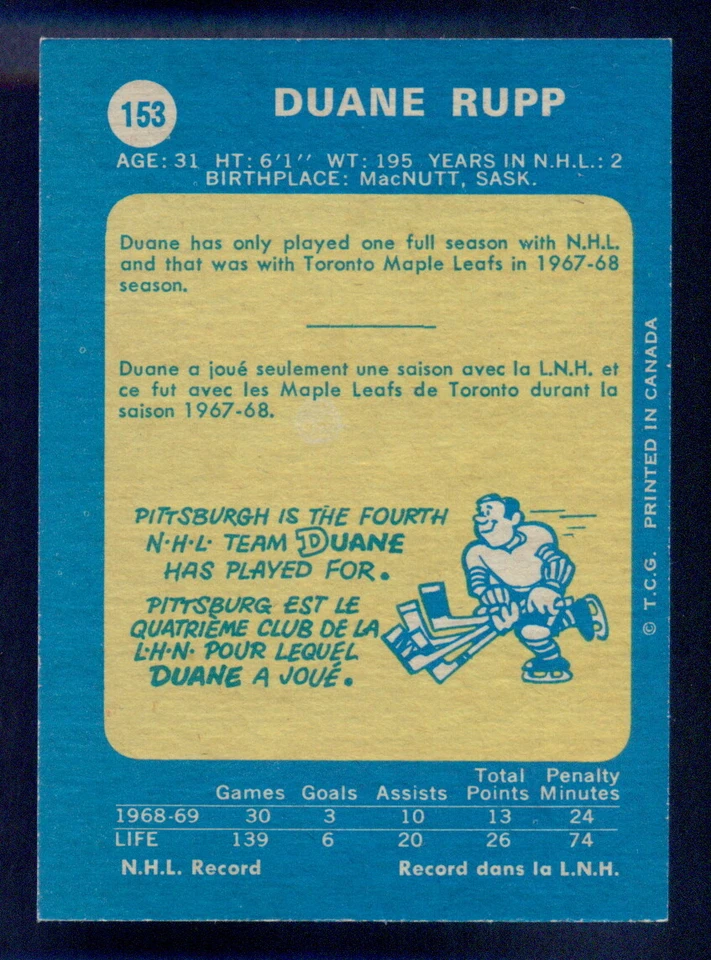 1969-70 OPC O PEE CHEE NHL Hockey #153 Duane Rupp NM-MT PITTSBURGH PENGUINS Card - Image 2 of 2