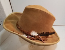 Suede leather tan cowboy hat Med 7 -7 1/8  w band and feathers  beads