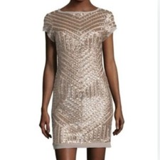 Vince Camuto Champagne Gold Sequin Geo Pattern Cap Sleeve Sheath Dress NWT Sz4