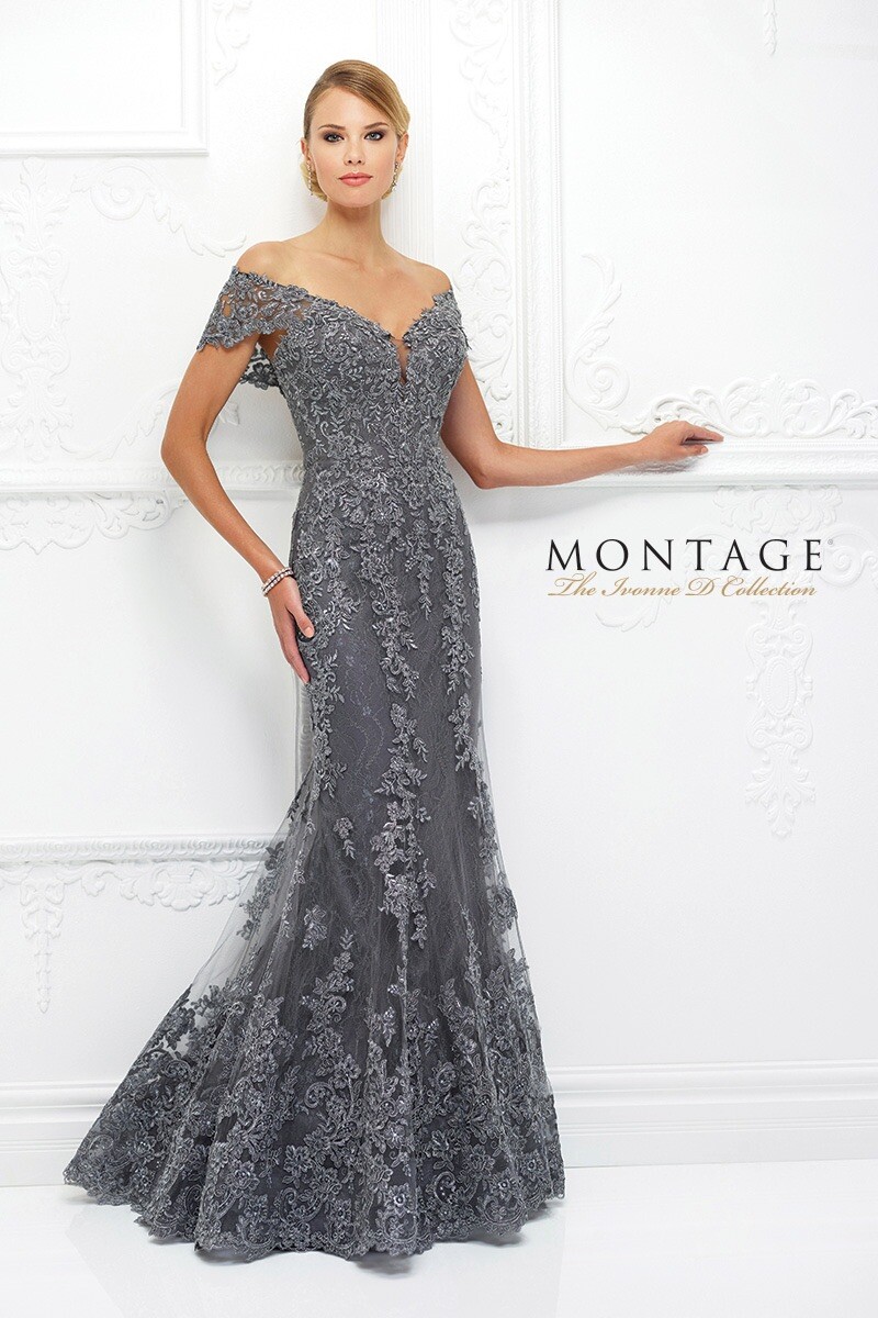 Ivonne D for Mon Cheri - 118D12W Lace Applique Trumpet Dress - Pewter Size  18 | eBay