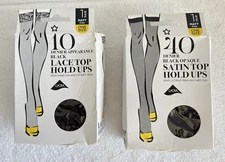 2 PR NEW OPEN BOX Stockings Satin Top Hold Ups Black Opague Lace Top Sheer Hose