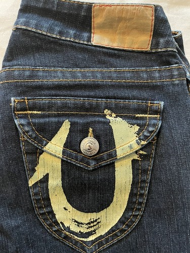 True Religion Vintage Womens Painted Horseshoe Jeans Dark Wash Tag Size 28 Retro - Picture 12 of 14