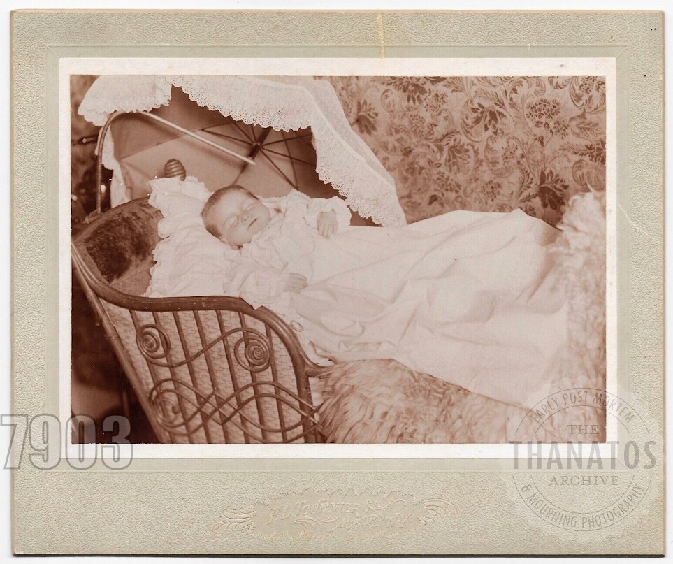 Sad Post Mortem Photo of Baby in Carriage Auburn New York 1900s