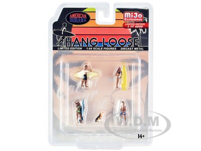 ''HANG LOOSE'' SURFERS & DOG DIECAST FIGURES 5 PC SET 1/64 AMERICAN DIORAMA 76500
