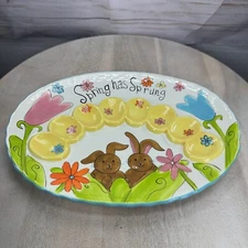 Colorful CRACKER BARREL Ceramic Egg Plate Bunny Flowers 'SPRING HAS SPRUNG' 13"