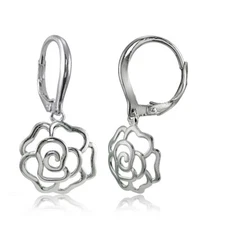 Sterling Silver High Polished Open Rose Dangle Leverback Earrings