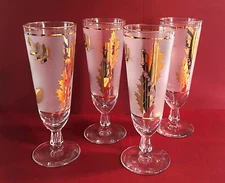 Libbey Glass Vintage Set of 4 Golden Foliage Pilsner Glass Frosted w/ Gold Leaf