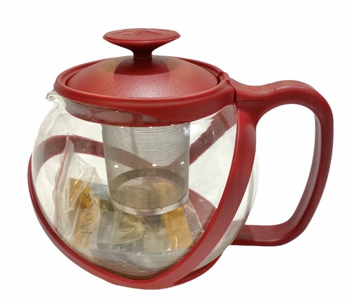 Primula Glass/Verre 40oz Tempo Teapot Dishwasher Safe Metal Leaf Tea Infuser Red - Picture 2 of 6