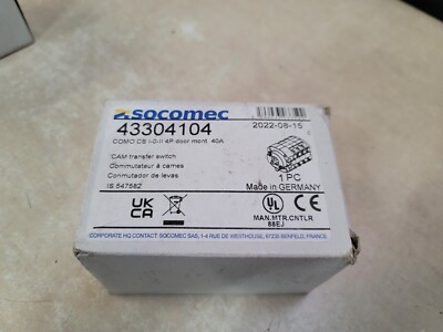 Socomec 43304104 COMO CS I-0-II 4P Door Mont Cam Switch 40A New Open Box