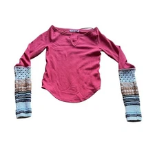 We The Free Free People M Red Thermal Top Boho Patchwork Balloon Sleeve Knit