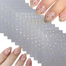 12 Sheets Silver Gold Moon Star Nail Art Stickers - 3D Self Gold Silver Star