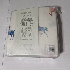 NEW Pottery Barn Kids West Elm Watercolor Unicorn Organic Sheet Set Full Size